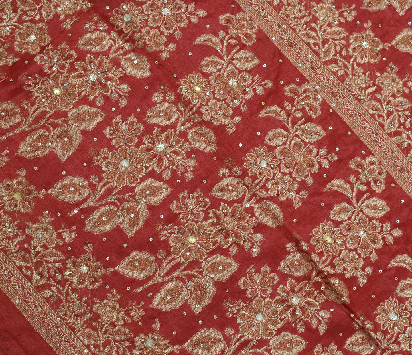 Sushila Vintage Rust Sari 100% Pure Silk Woven & Embroidered Floral Sari Fabric