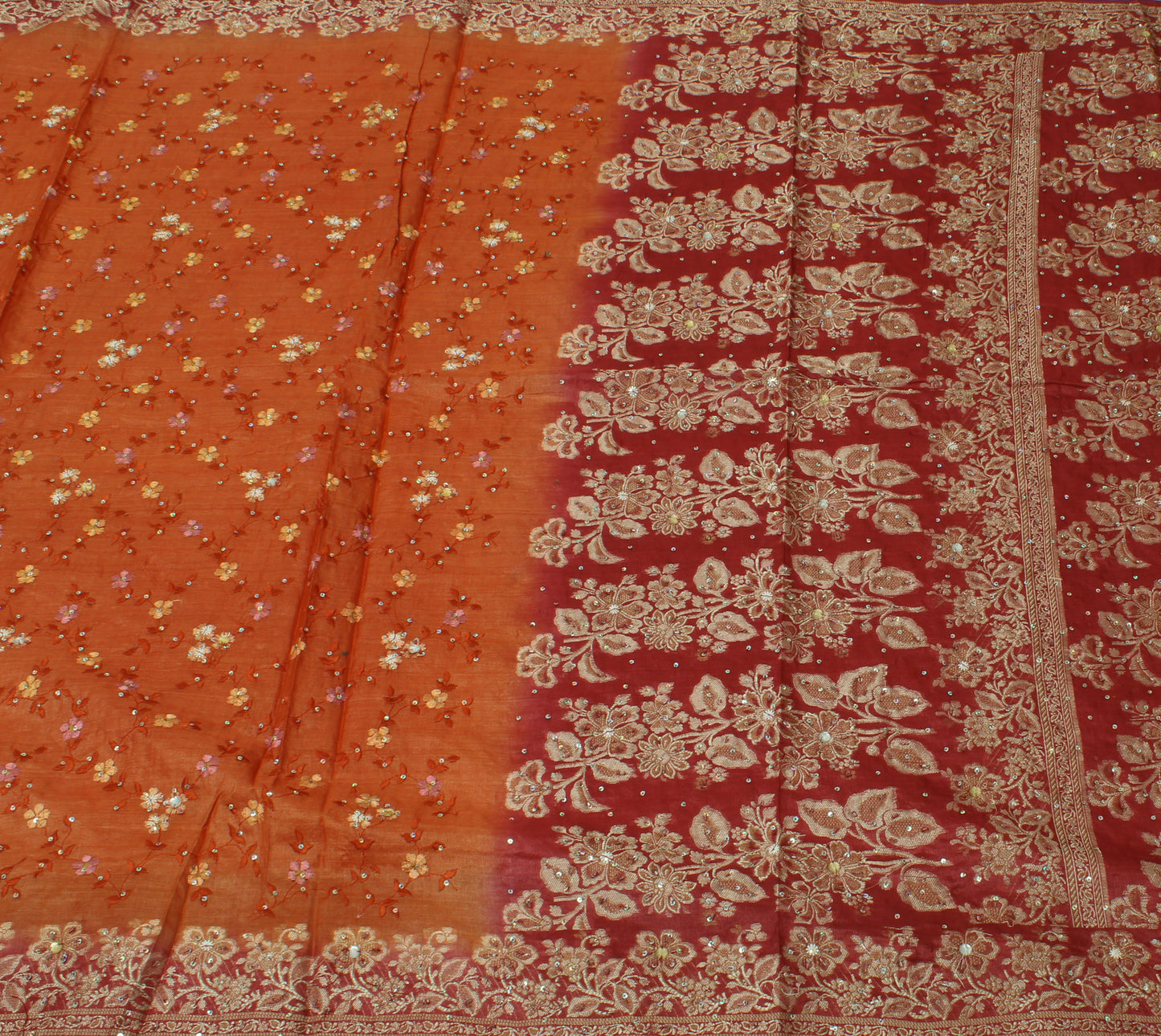 Sushila Vintage Rust Sari 100% Pure Silk Woven & Embroidered Floral Sari Fabric