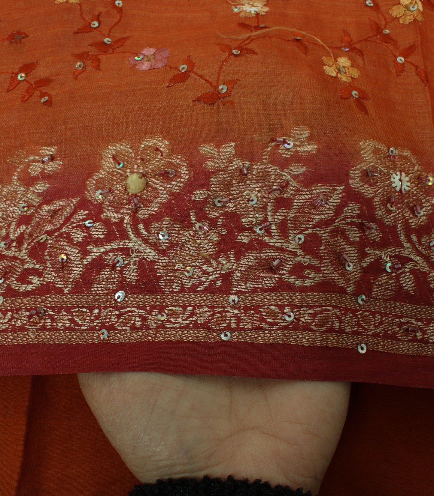 Sushila Vintage Rust Sari 100% Pure Silk Woven & Embroidered Floral Sari Fabric