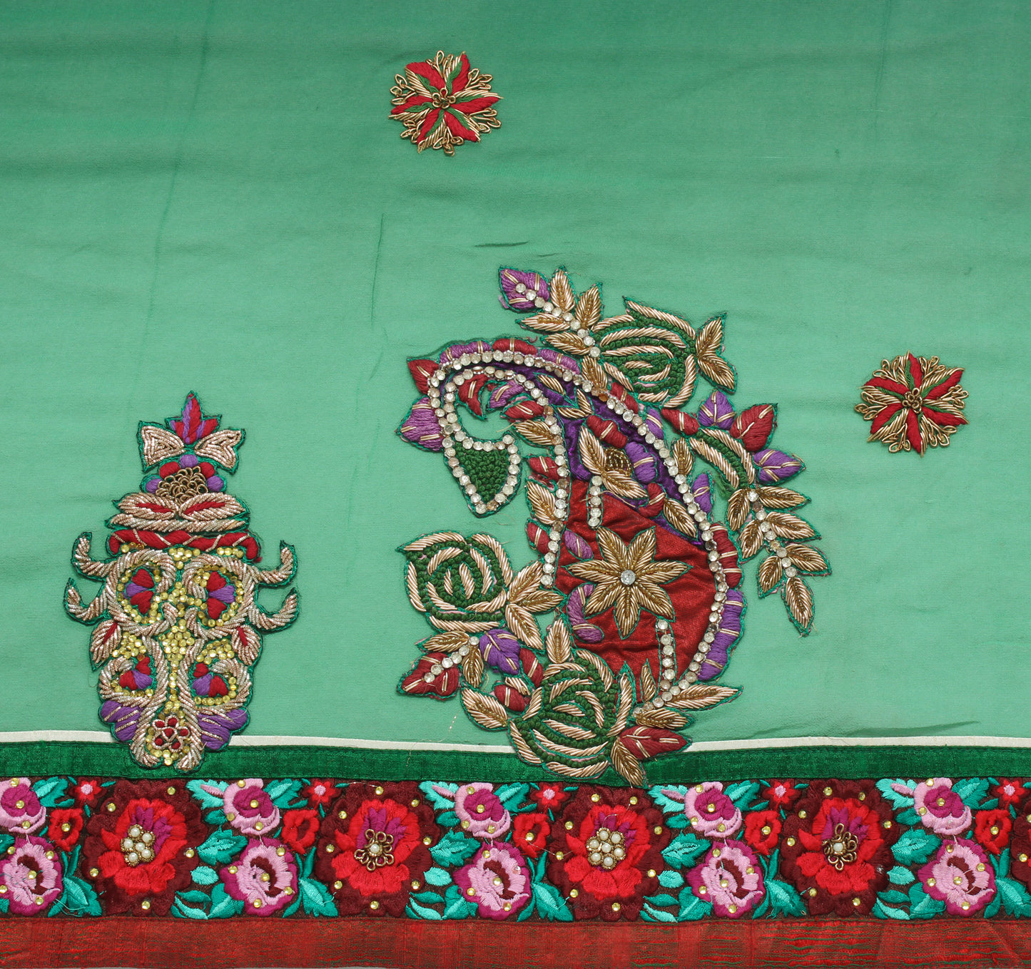 Sushila Vintage Green Saree Pure Georgette Silk Hand Beaded Floral Sari Fabric