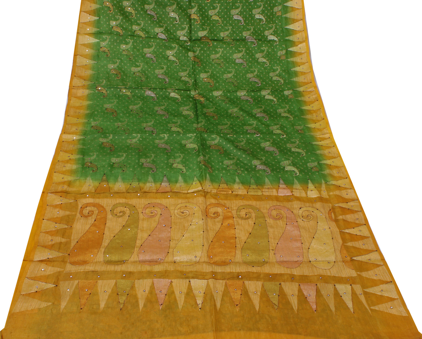 Sushila Vintage Green Indian Saree 100% Pure Silk Woven Mirror Work Sari Fabric