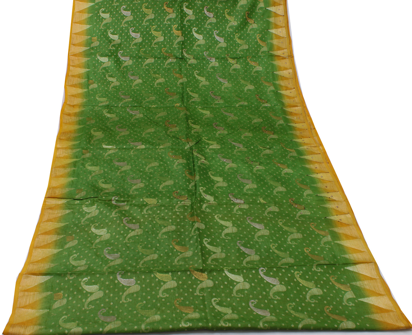 Sushila Vintage Green Indian Saree 100% Pure Silk Woven Mirror Work Sari Fabric