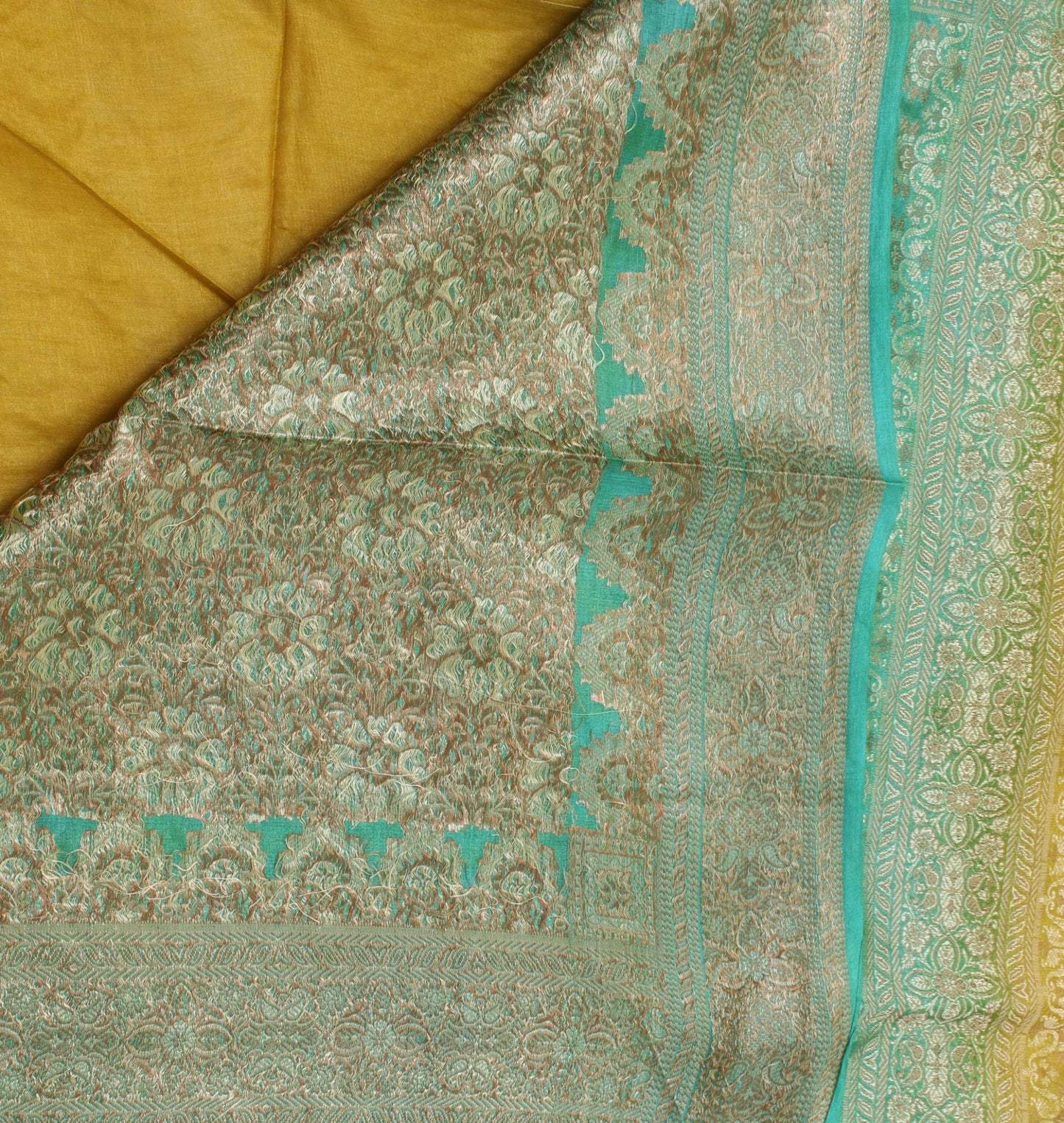 Sushila Vintage Green Saree Pure Silk Woven & Embroidered Floral Sari Fabric