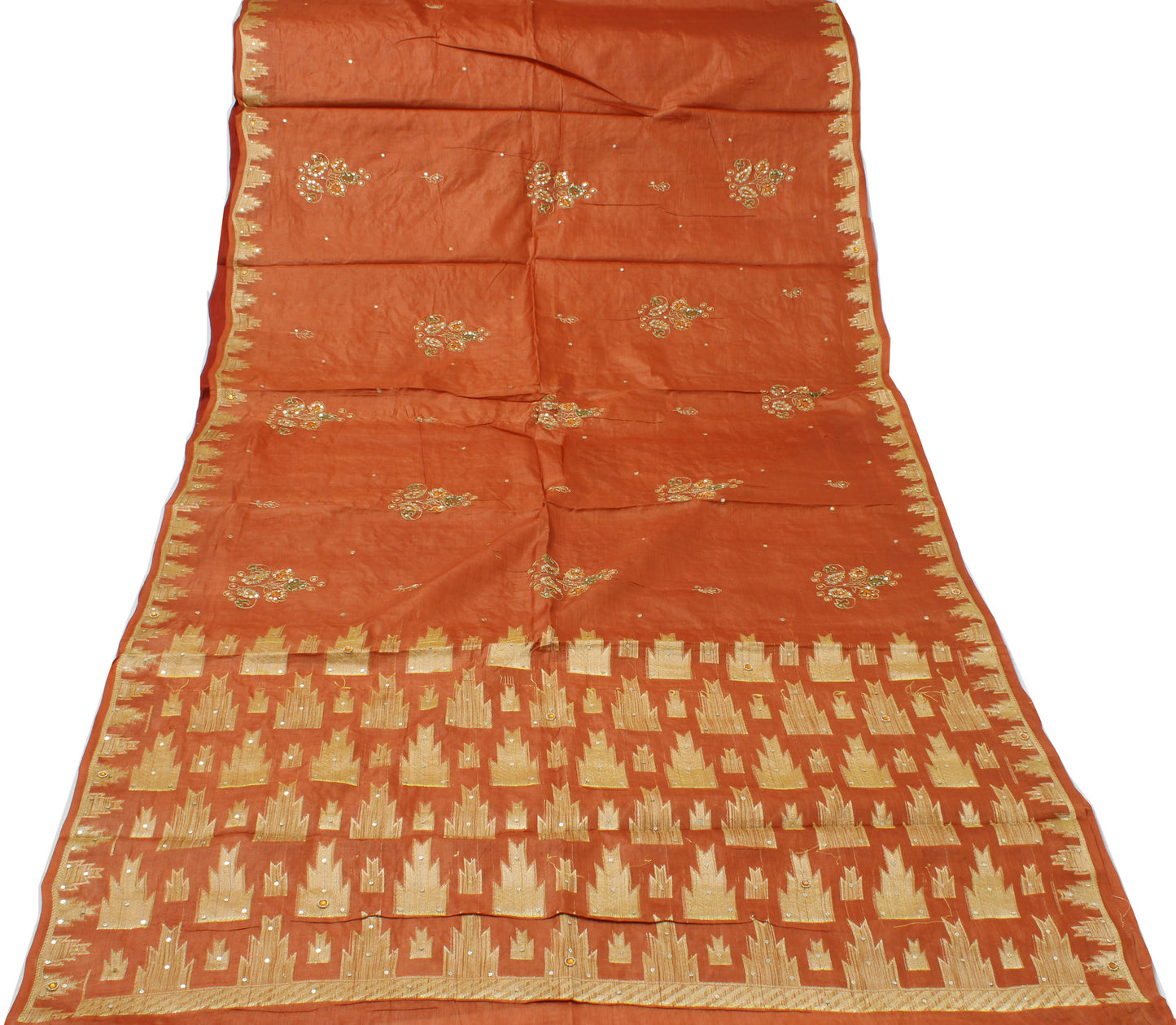 Sushila Vintage Rust Saree Pure Silk Woven & Embroidered Floral Sari Fabric