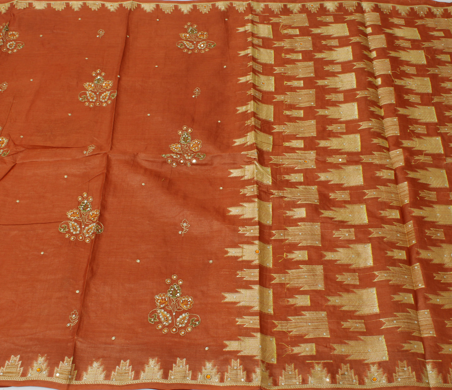 Sushila Vintage Rust Saree Pure Silk Woven & Embroidered Floral Sari Fabric