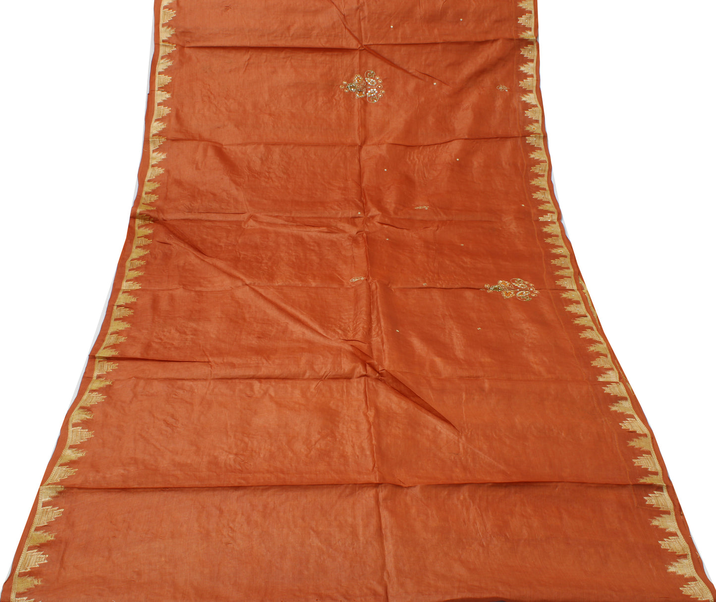 Sushila Vintage Rust Saree Pure Silk Woven & Embroidered Floral Sari Fabric