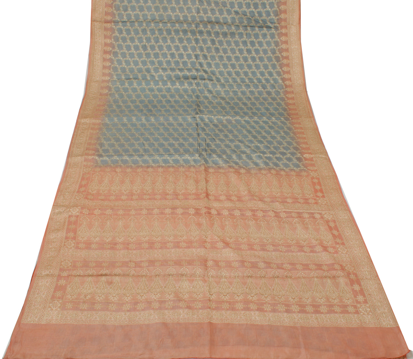 Sushila Vintage Gray Saree 100% Pure Silk All Over Woven Floral Sari 5 YD Fabric