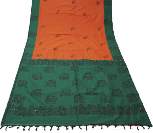 Sushila Vintage Rust Indian Saree 100% Pure Cotton Printed Peacock Sari Fabric