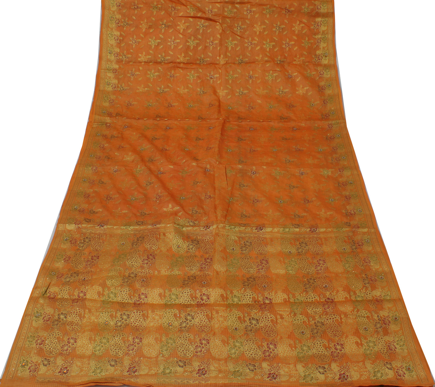 Sushila Vintage Saree Mustard Pure Silk Hand Beaded Woven Floral Sari Fabric