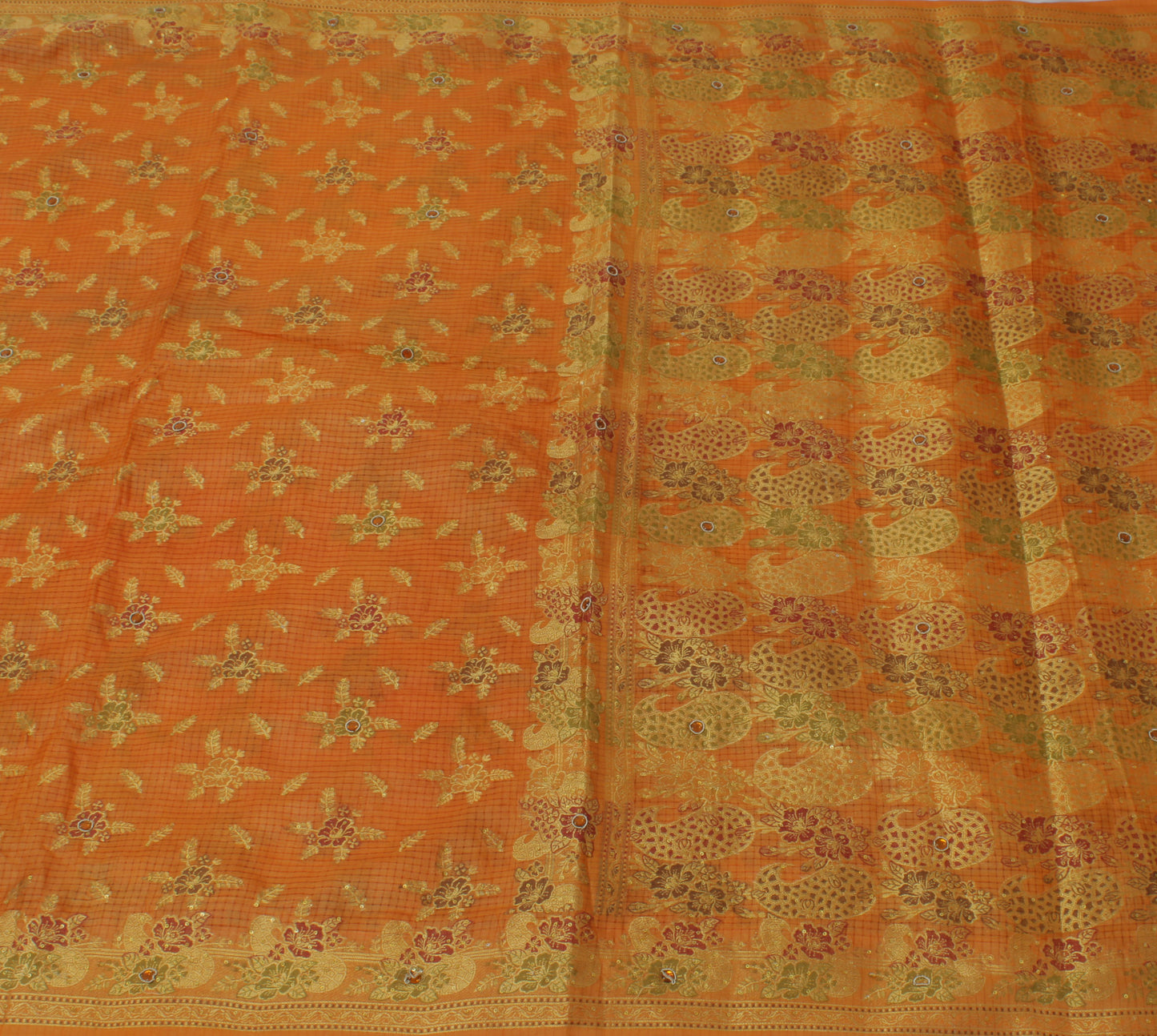 Sushila Vintage Saree Mustard Pure Silk Hand Beaded Woven Floral Sari Fabric