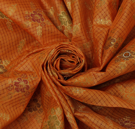 Sushila Vintage Saree Mustard Pure Silk Hand Beaded Woven Floral Sari Fabric