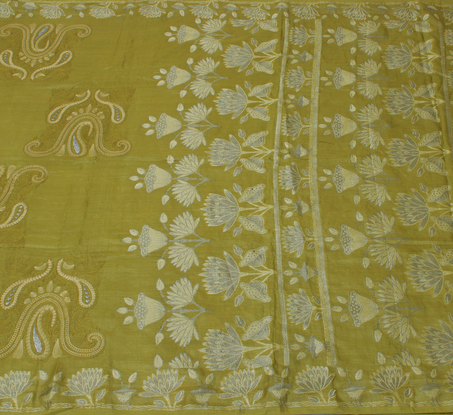 Sushila Vintage Green Saree Pure Silk All Over Woven Floral Sari Craft Fabric