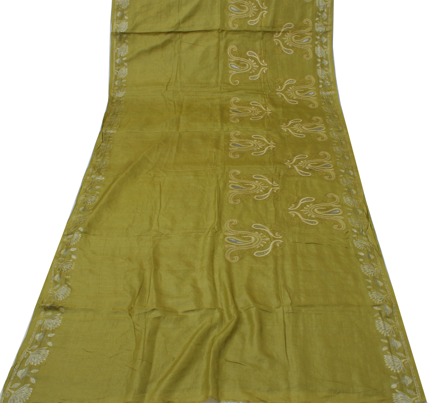 Sushila Vintage Green Saree Pure Silk All Over Woven Floral Sari Craft Fabric