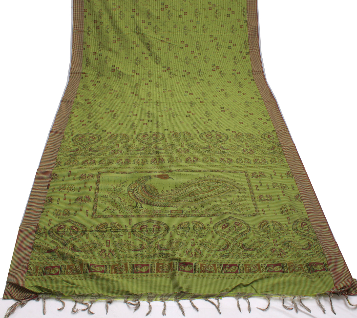 Sushila Vintage Green Indian Saree Blend Cotton Printed Peacock Sari Fabric