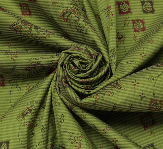 Sushila Vintage Green Indian Saree Blend Cotton Printed Peacock Sari Fabric