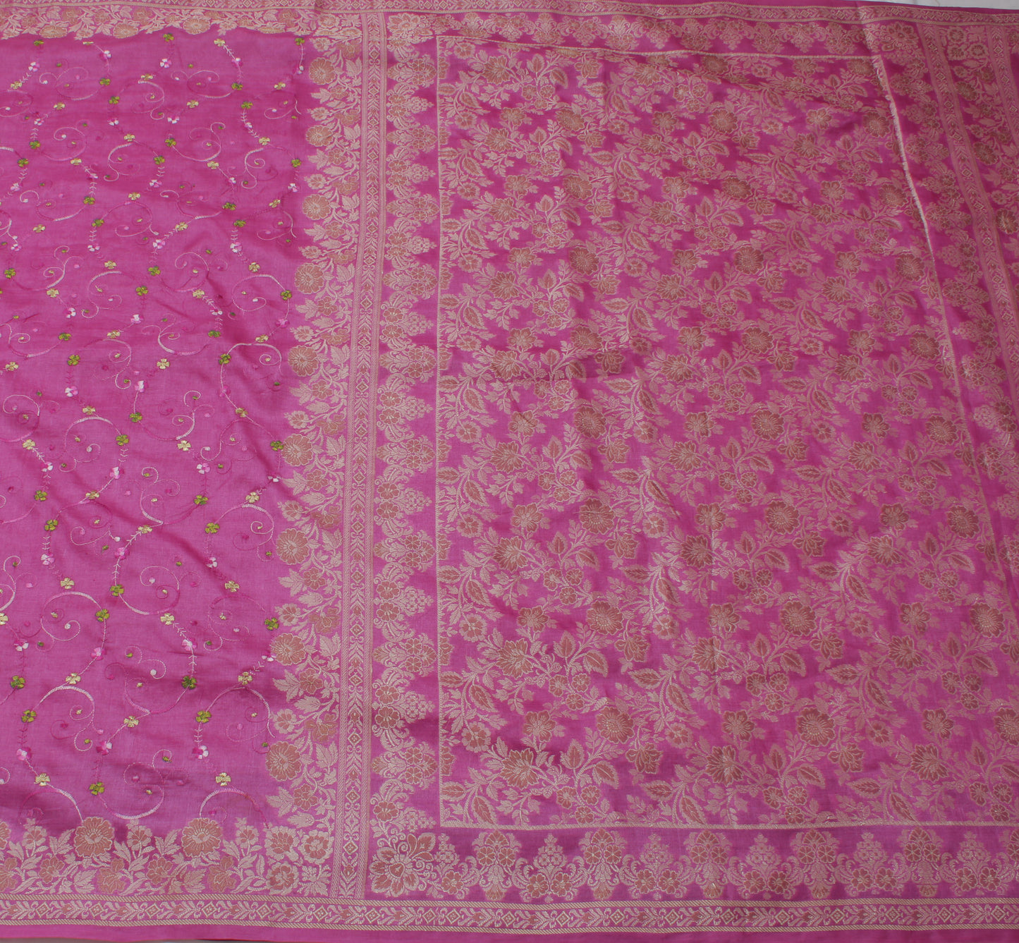 Sushila Vintage Magenta Indian Saree Pure Silk Woven & Embroidered Sari Fabric