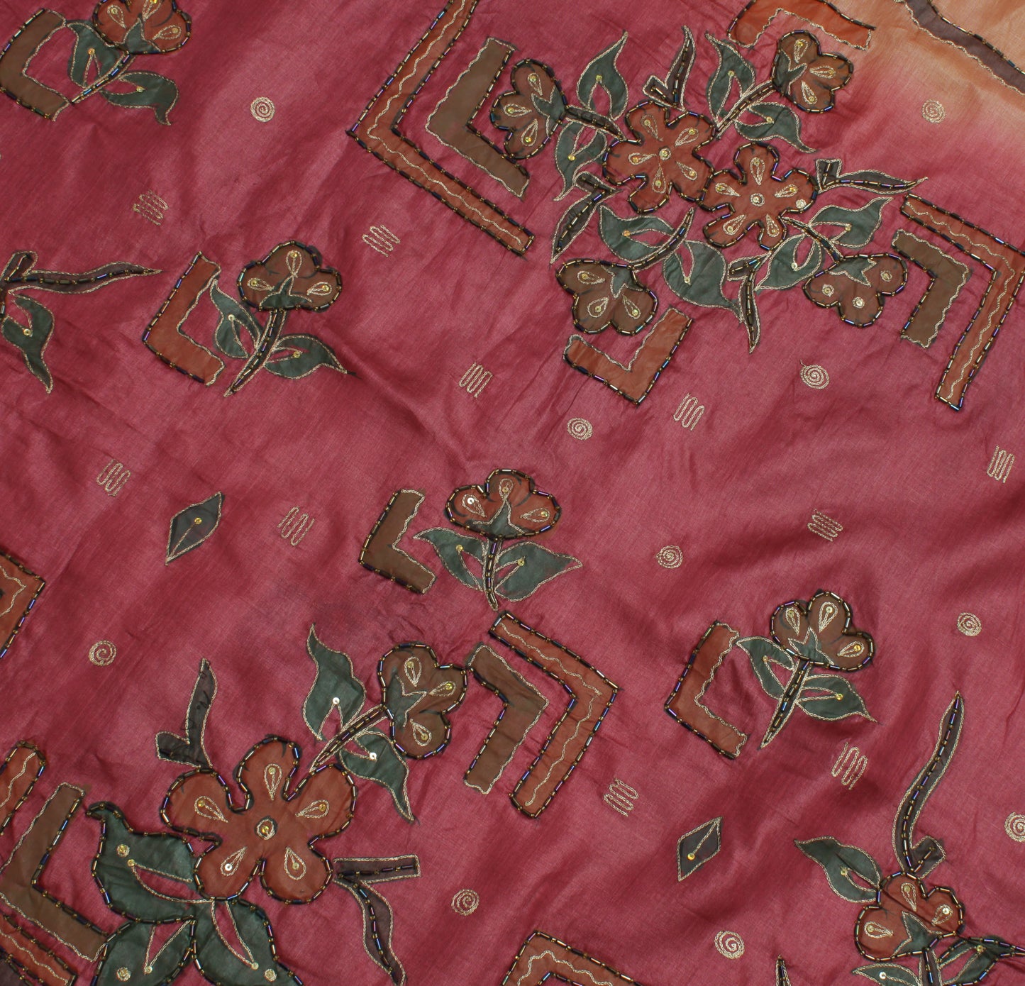 Sushila Vintage Brown Saree Pure Silk Printed & Embroidered Floral Sari Fabric