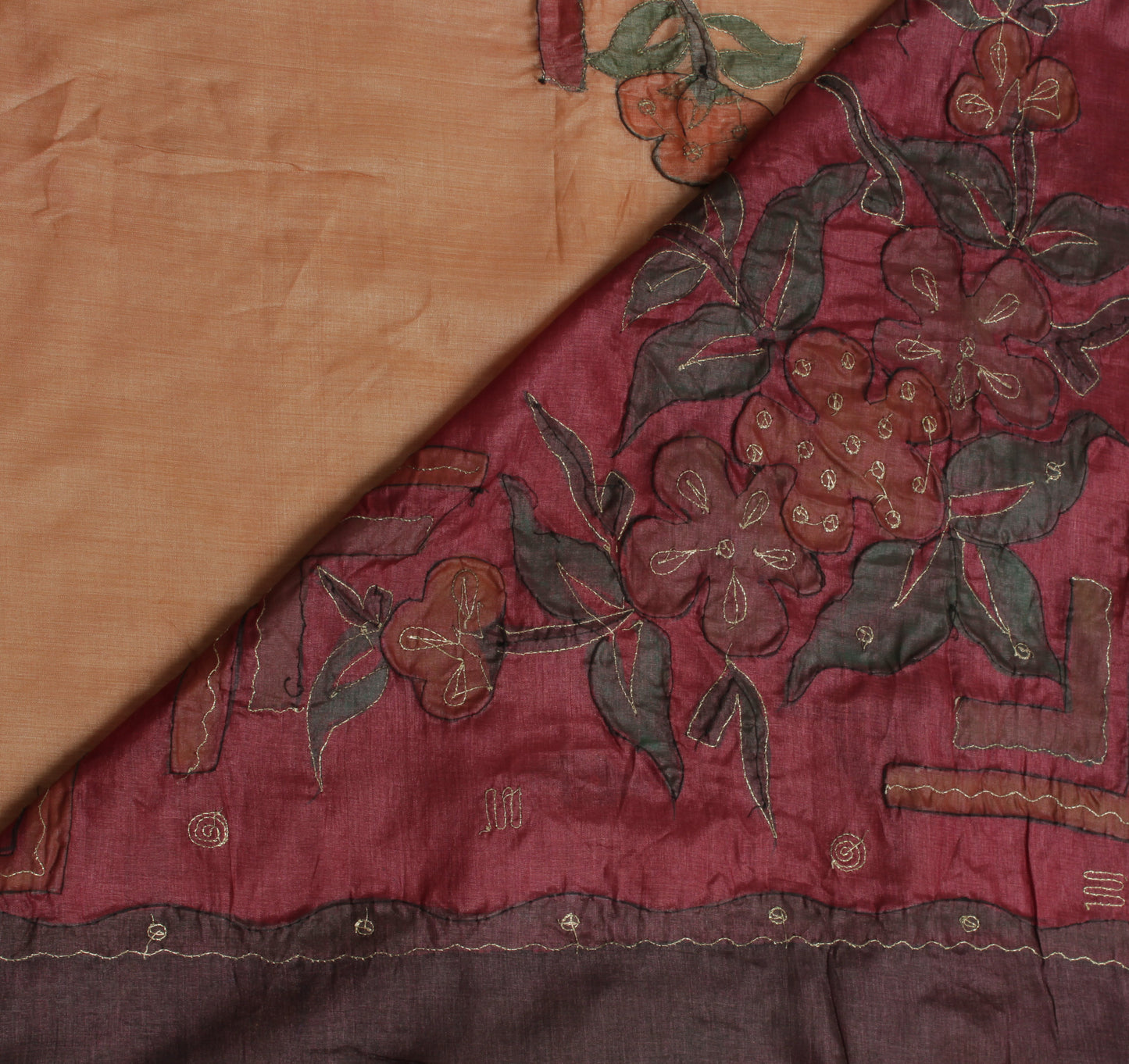 Sushila Vintage Brown Saree Pure Silk Printed & Embroidered Floral Sari Fabric