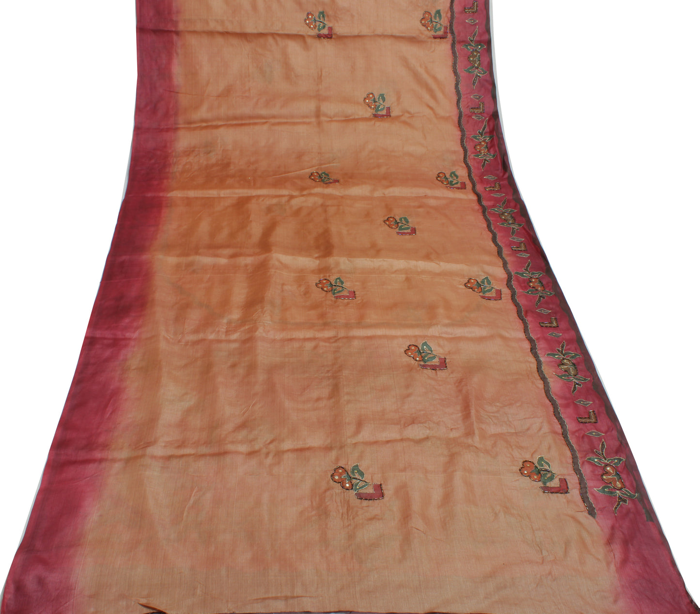 Sushila Vintage Brown Saree Pure Silk Printed & Embroidered Floral Sari Fabric