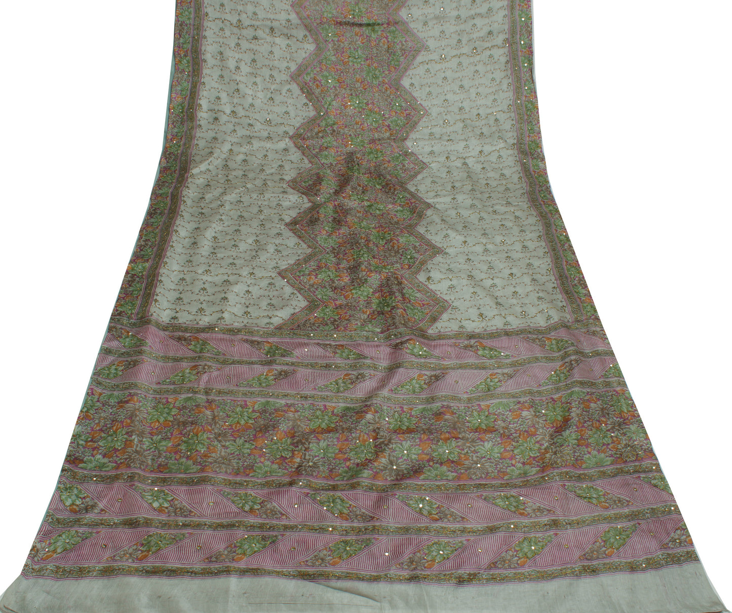 Sushila Vintage Gray Indian Saree 100% Pure Silk Printed Floral Sari Fabric