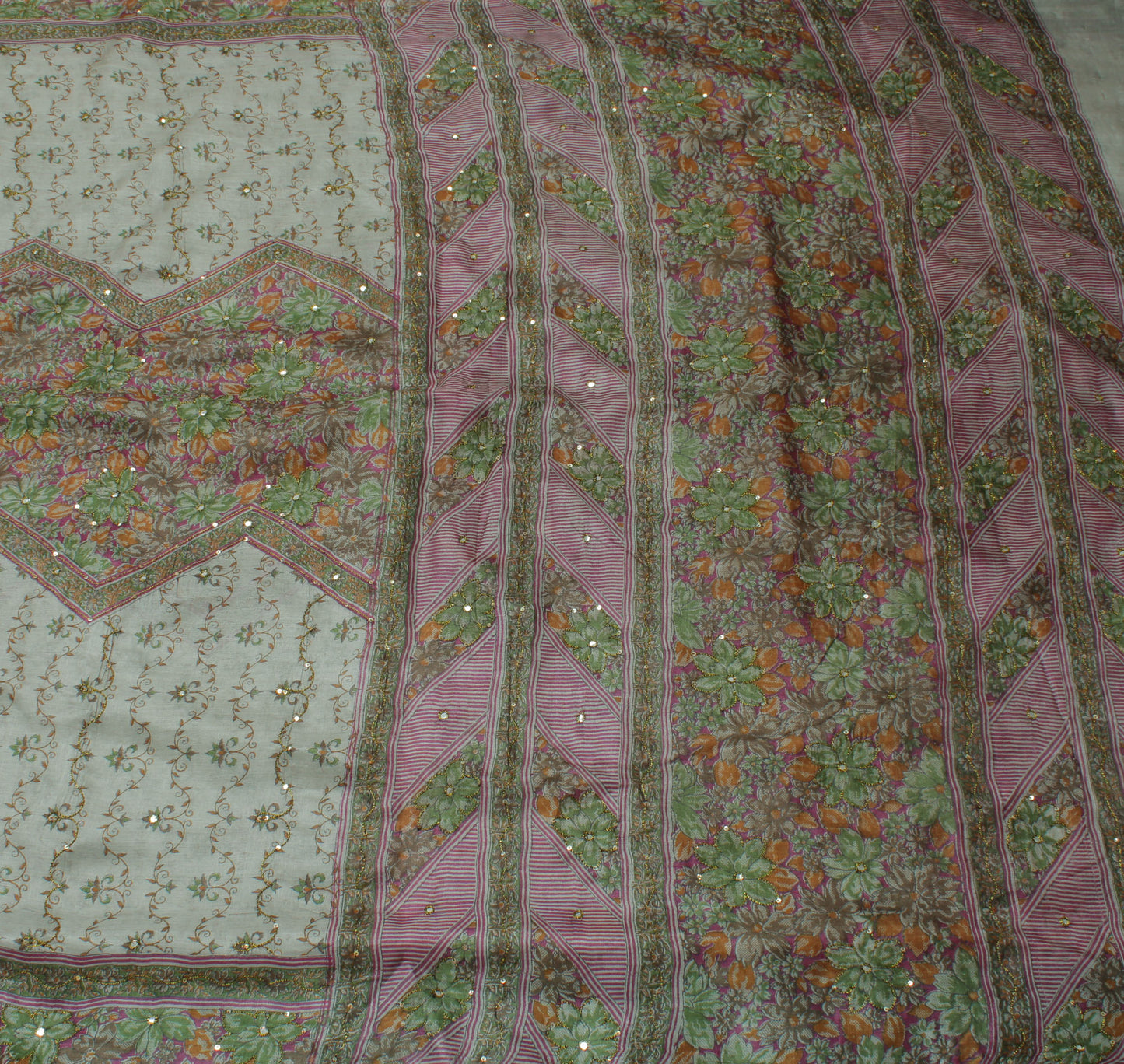 Sushila Vintage Gray Indian Saree 100% Pure Silk Printed Floral Sari Fabric