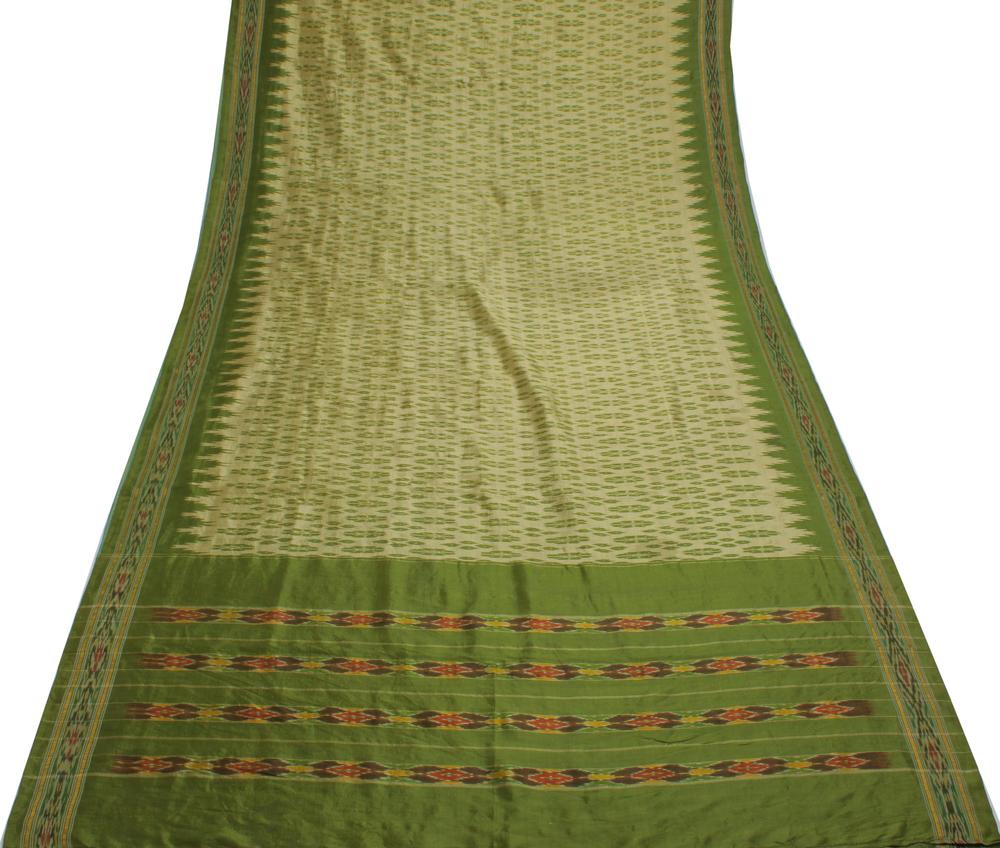 Sushila Vintage Cream Saree Pure Silk Hand Woven Ikat Patola Sari Craft Fabric