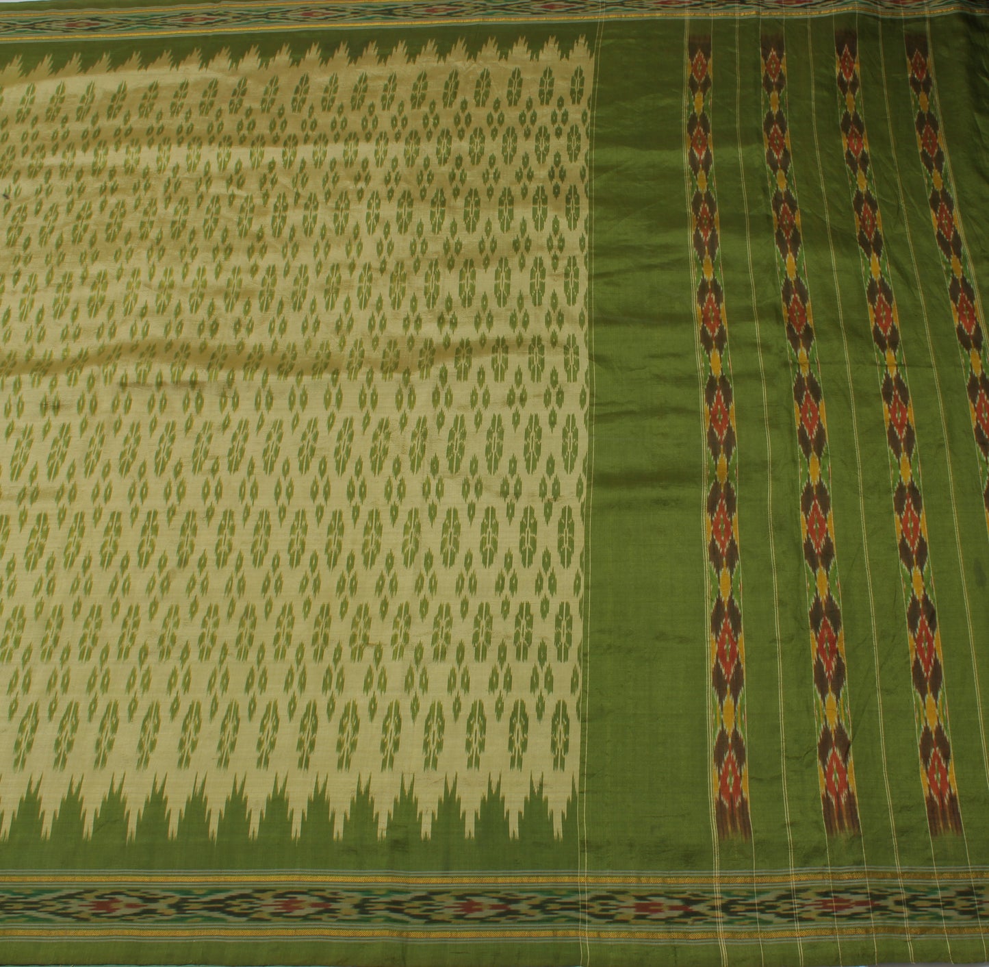 Sushila Vintage Cream Saree Pure Silk Hand Woven Ikat Patola Sari Craft Fabric