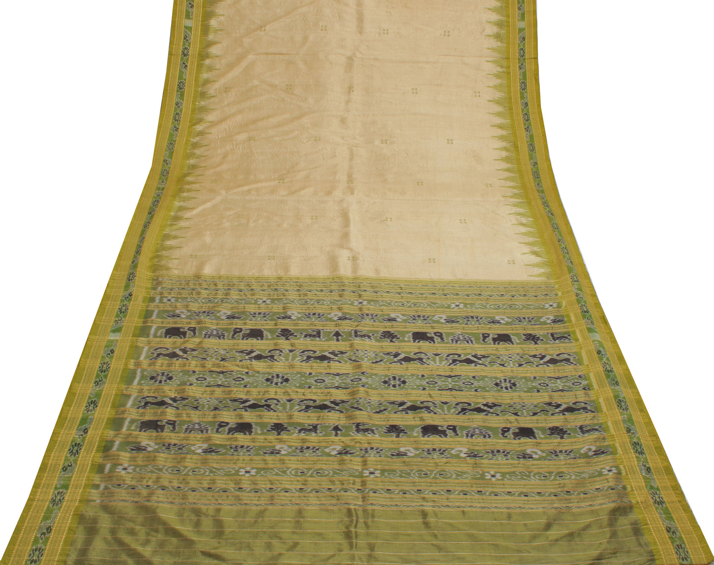 Sushila Vintage Cream Saree Pure Silk Hand Woven Ikat Patola Sari Craft Fabric