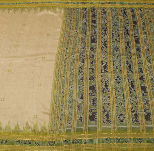 Sushila Vintage Cream Saree Pure Silk Hand Woven Ikat Patola Sari Craft Fabric