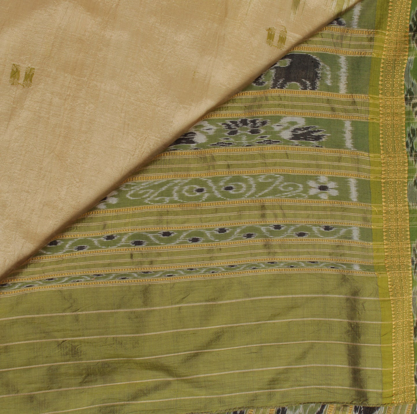 Sushila Vintage Cream Saree Pure Silk Hand Woven Ikat Patola Sari Craft Fabric