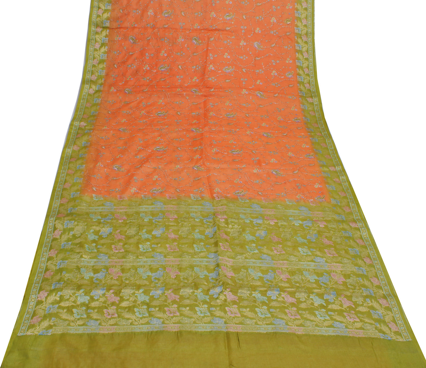 Sushila Vintage Peach Saree Pure Silk Woven & Embroidered Floral Sari Fabric