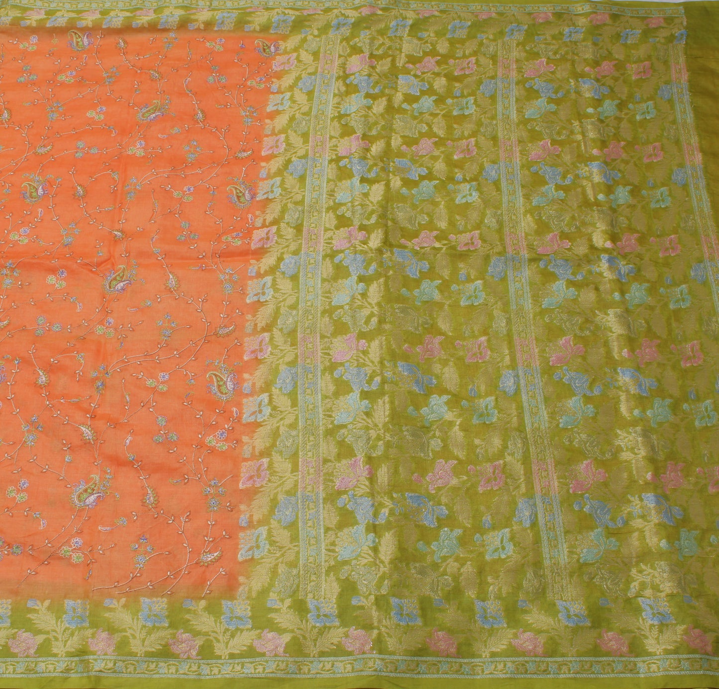 Sushila Vintage Peach Saree Pure Silk Woven & Embroidered Floral Sari Fabric