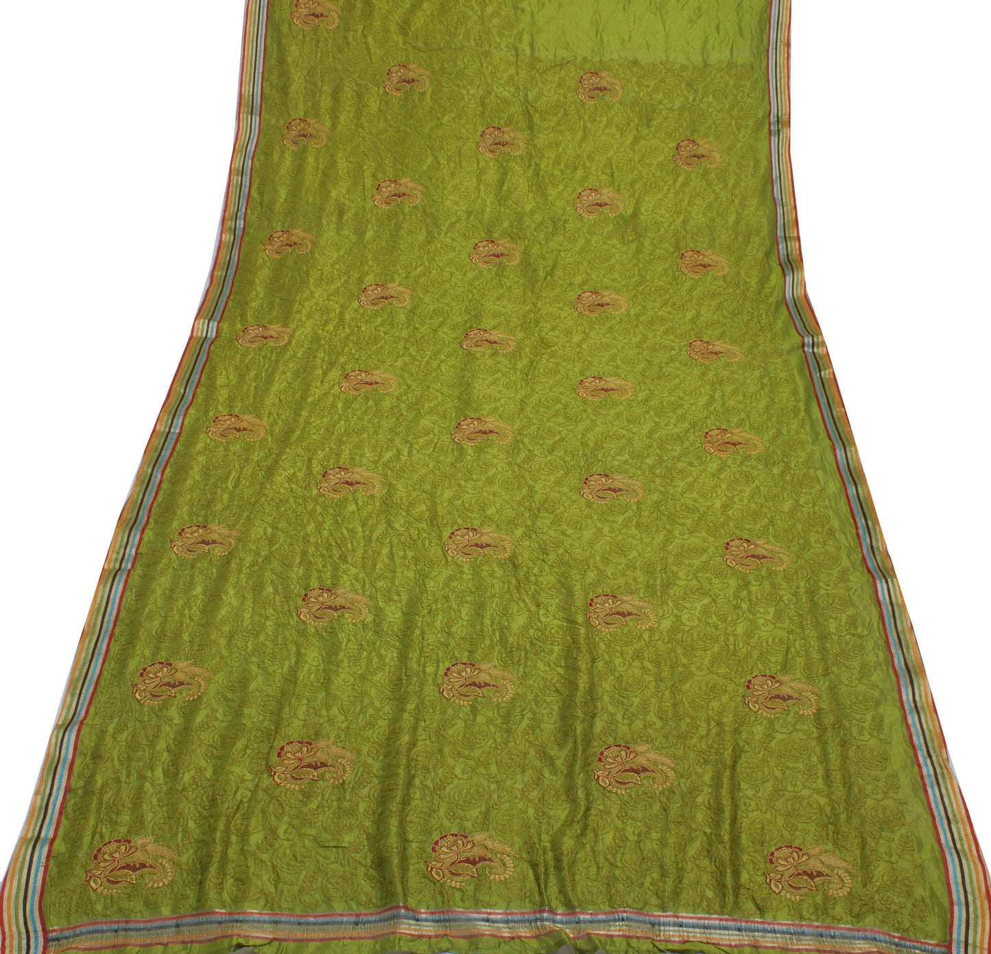 Sushila Vintage Green Saree 100% Pure Silk Embroidered Paisley Sari Craft Fabric