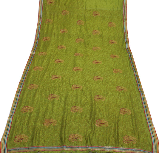 Sushila Vintage Green Saree 100% Pure Silk Embroidered Paisley Sari Craft Fabric