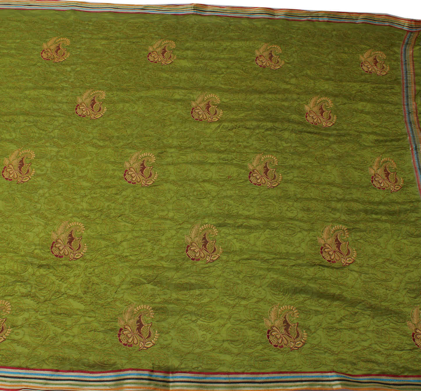 Sushila Vintage Green Saree 100% Pure Silk Embroidered Paisley Sari Craft Fabric