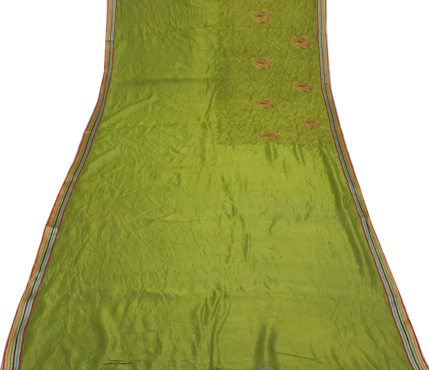 Sushila Vintage Green Saree 100% Pure Silk Embroidered Paisley Sari Craft Fabric