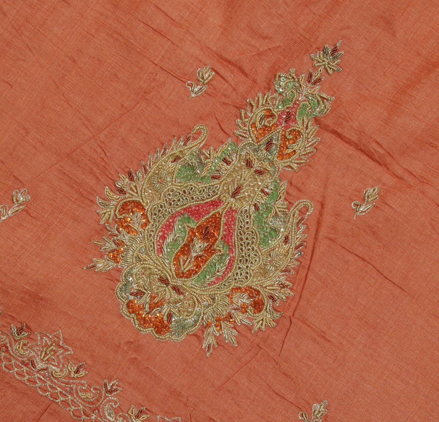 Sushila Vintage Peach Saree Pure Silk Hand Beaded Zardozi Floral Sari Fabric