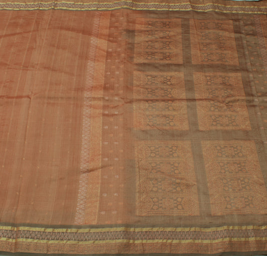 Sushila Vintage Brown Indian Saree 100% Pure Silk Woven Sari Decor 5 Yard Fabric