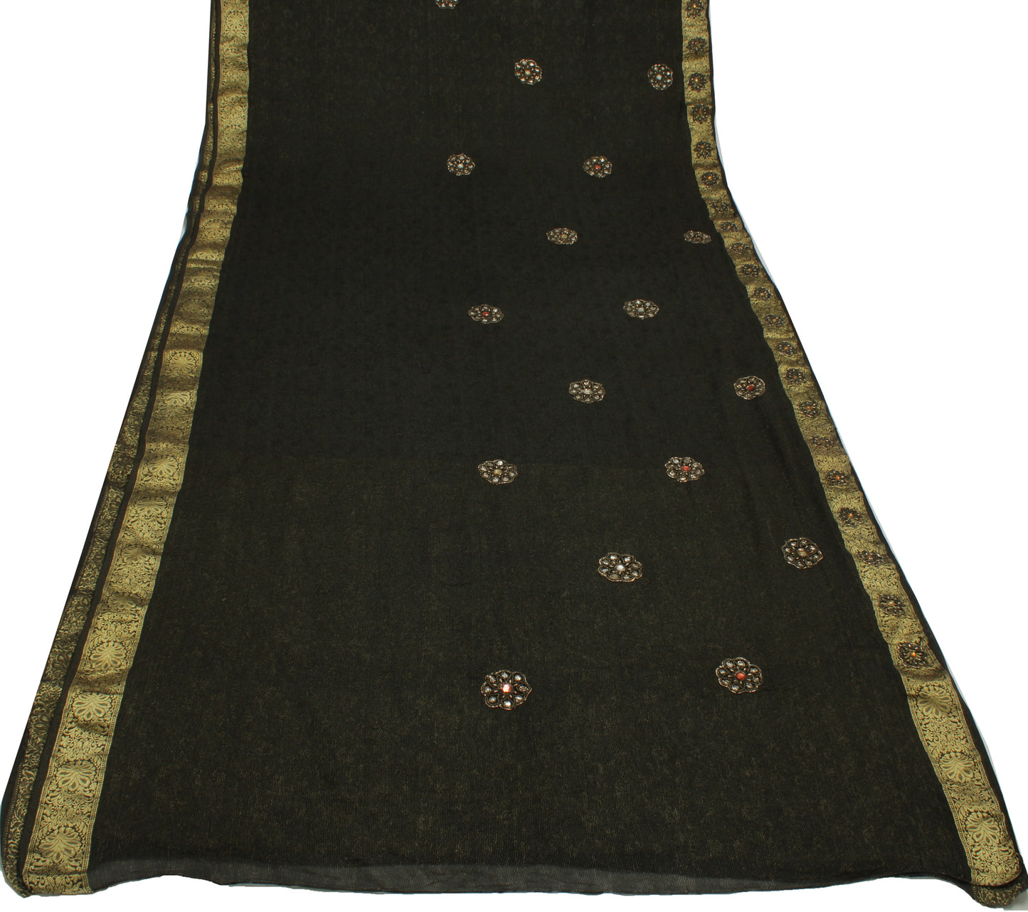 Sushila Vintage Black Indian Saree Pure Georgette Silk Hand Beaded Sari Fabric