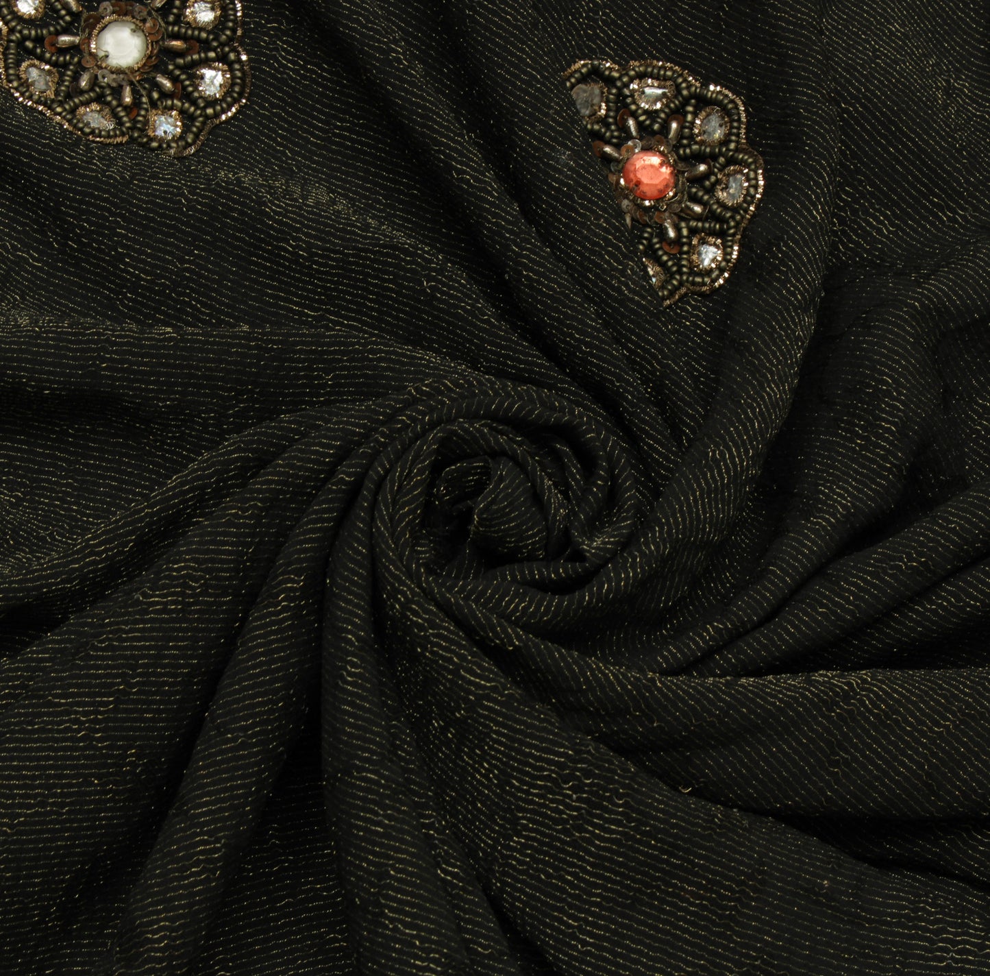 Sushila Vintage Black Indian Saree Pure Georgette Silk Hand Beaded Sari Fabric