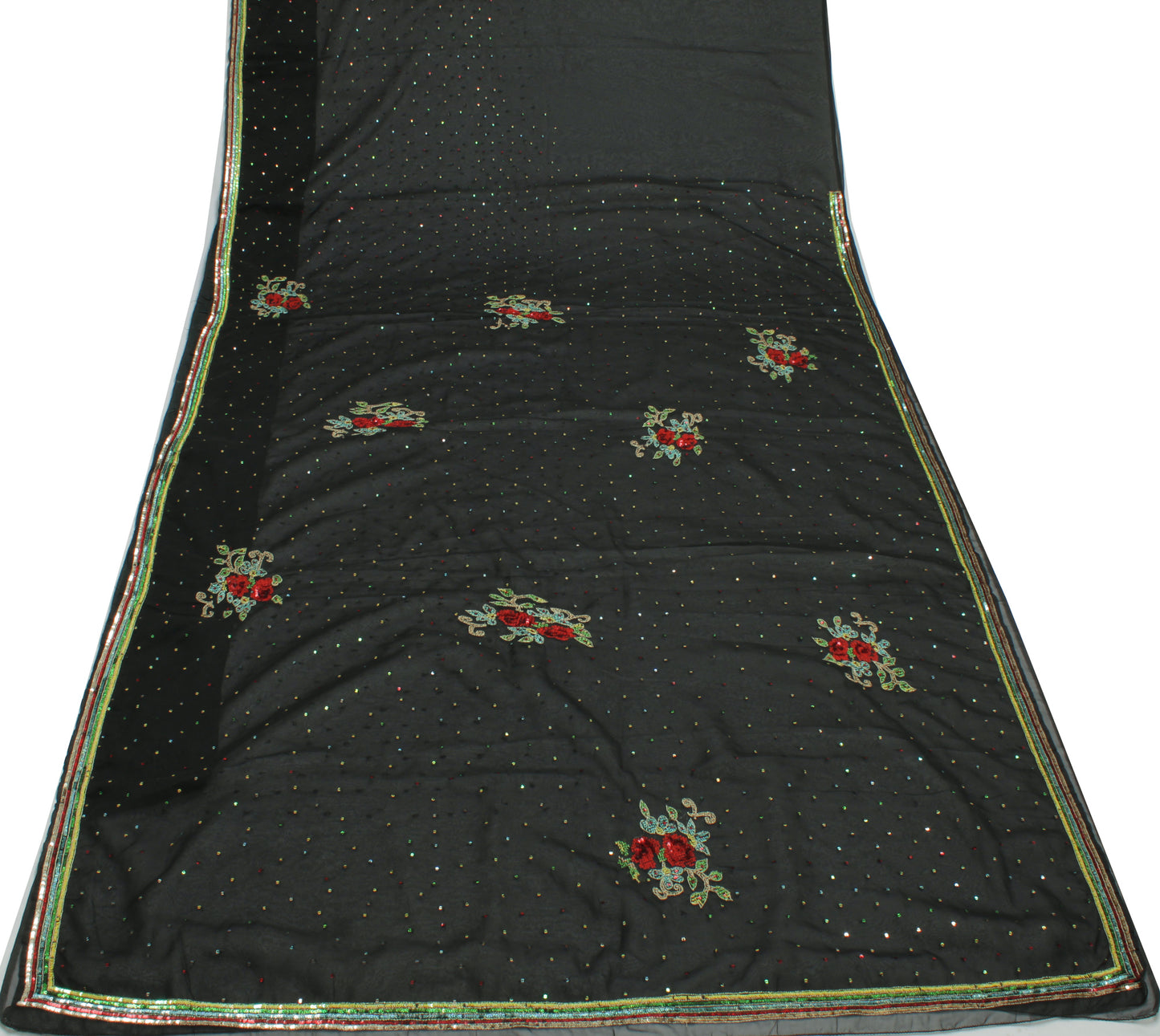 Sushila Vintage Black Saree Blend Georgette Silk Sequins Embroidered Sari Fabric