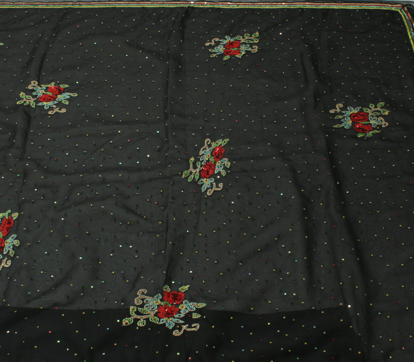 Sushila Vintage Black Saree Blend Georgette Silk Sequins Embroidered Sari Fabric