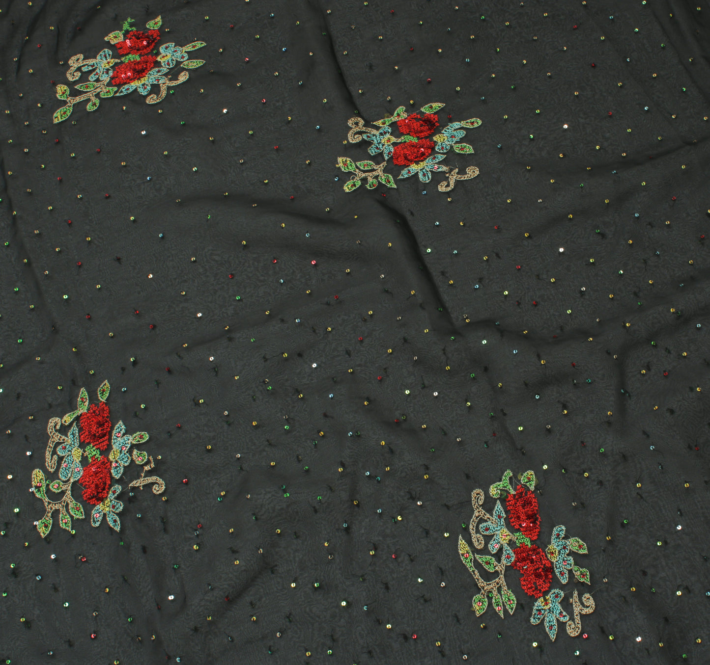 Sushila Vintage Black Saree Blend Georgette Silk Sequins Embroidered Sari Fabric