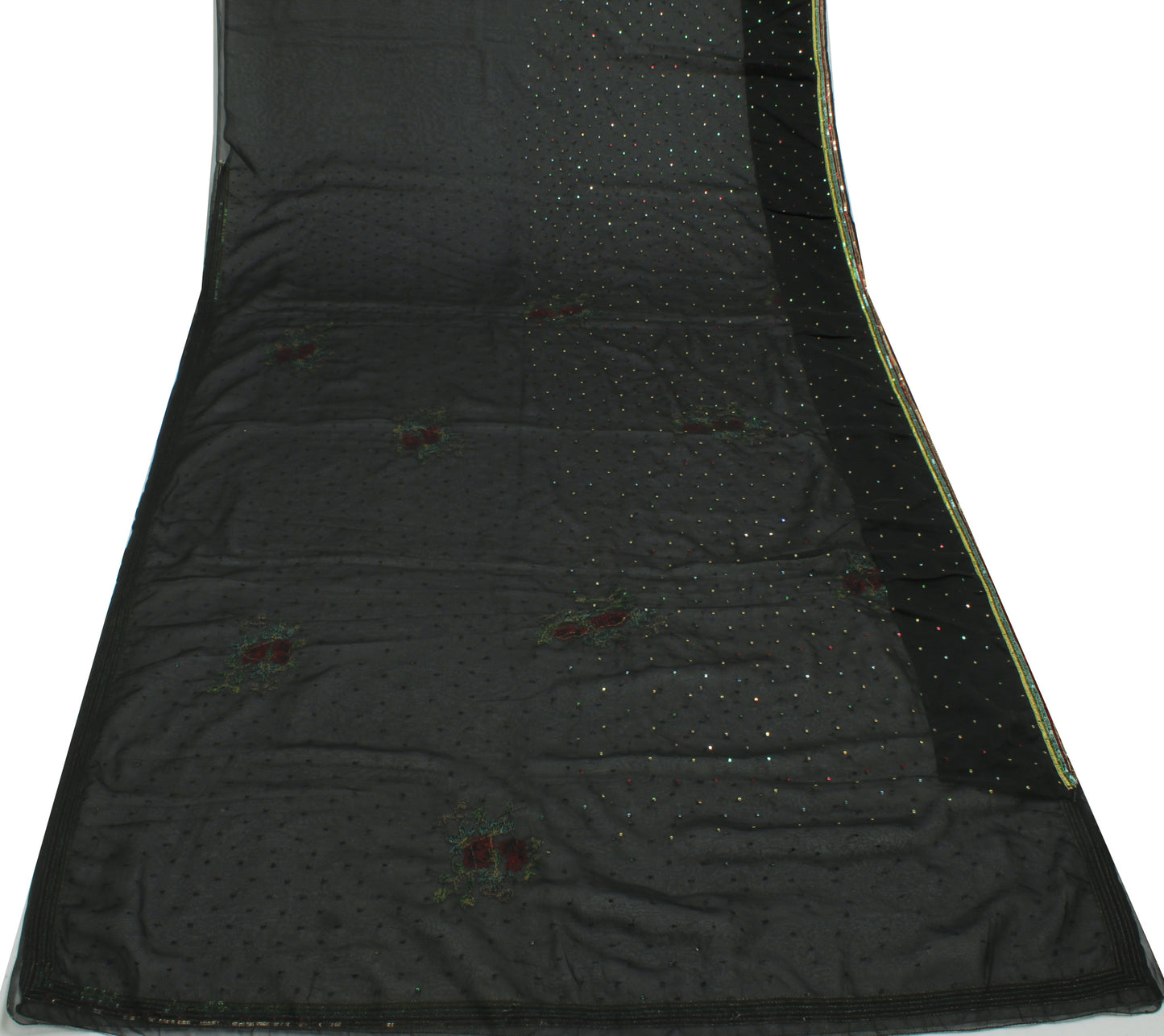 Sushila Vintage Black Saree Blend Georgette Silk Sequins Embroidered Sari Fabric