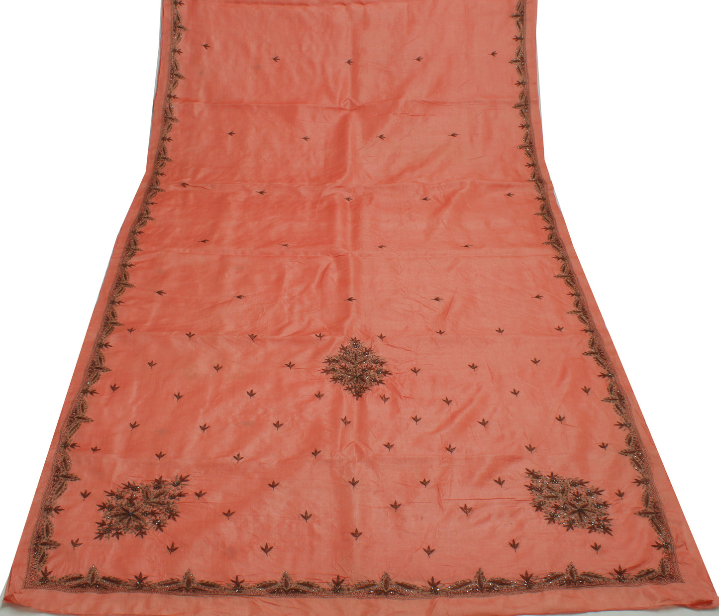 Sushila Vintage Peach Indian Saree 100% Pure Silk Embroidered Floral Sari Fabric