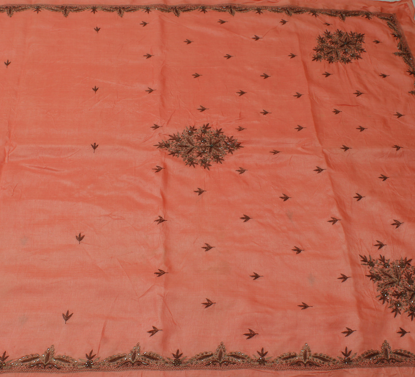 Sushila Vintage Peach Indian Saree 100% Pure Silk Embroidered Floral Sari Fabric