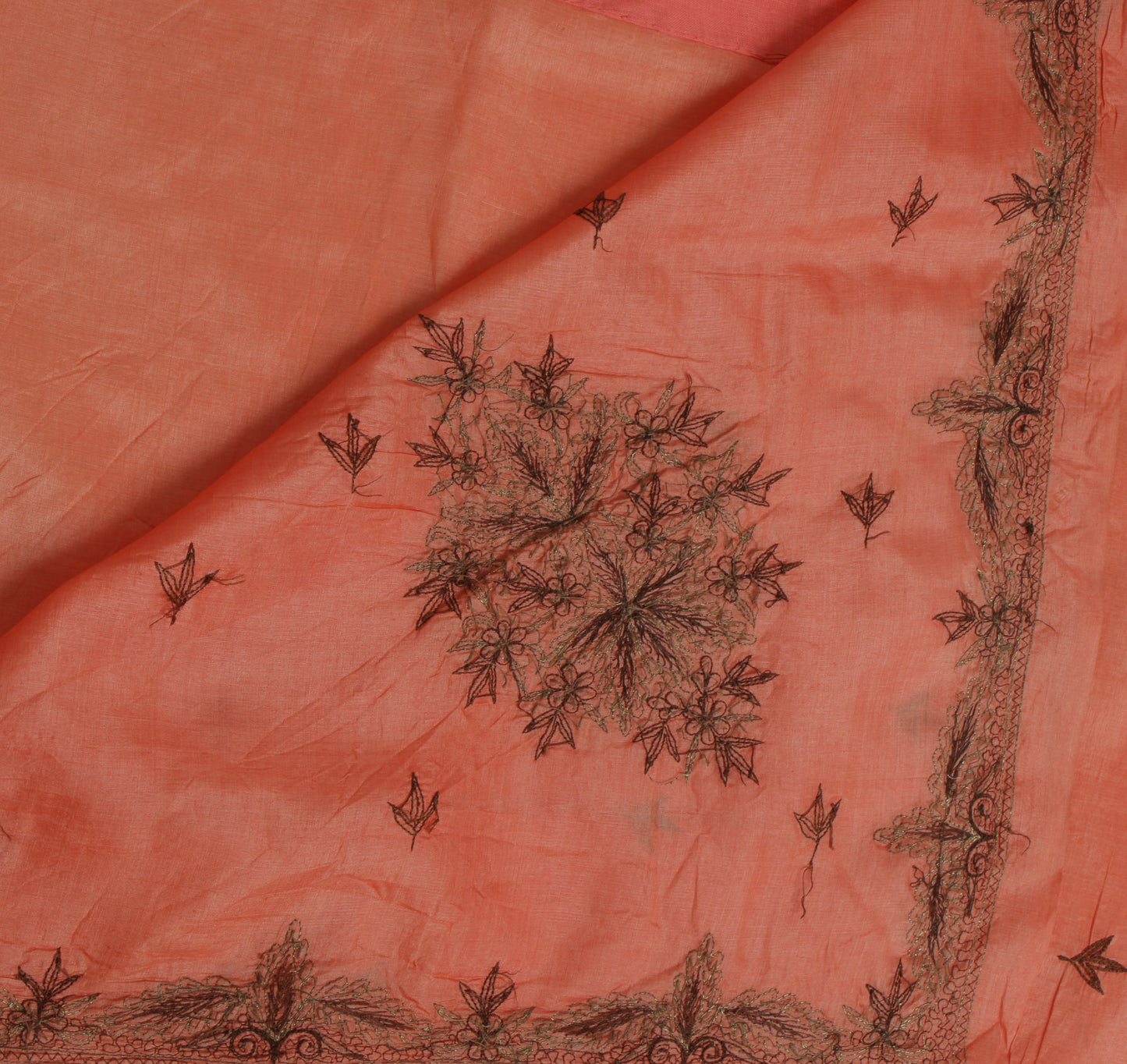 Sushila Vintage Peach Indian Saree 100% Pure Silk Embroidered Floral Sari Fabric