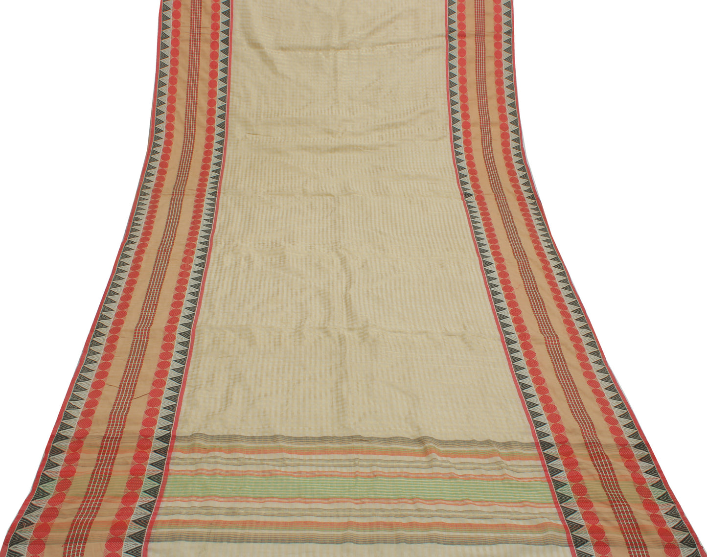 Sushila Vintage Cream Saree Pure Cotton Woven & Printed Check Sari Craft Fabric