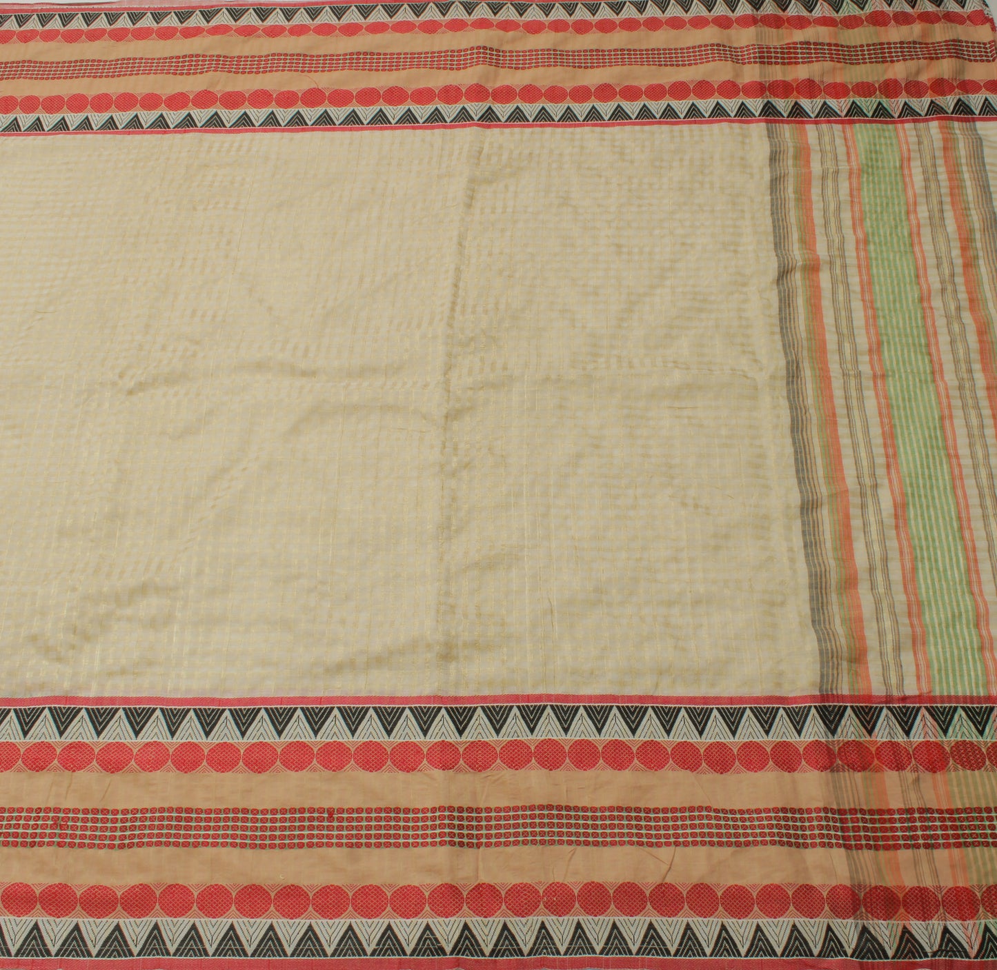 Sushila Vintage Cream Saree Pure Cotton Woven & Printed Check Sari Craft Fabric