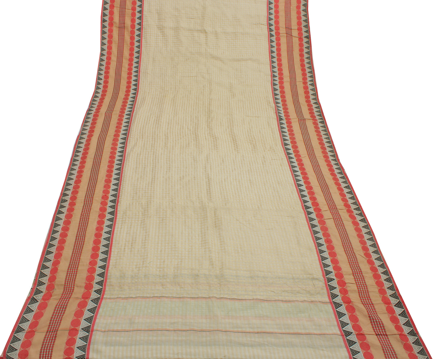 Sushila Vintage Cream Saree Pure Cotton Woven & Printed Check Sari Craft Fabric